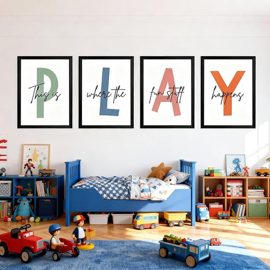 Cute Alphabet Play Framed Wall Art Set of 3, Natural Educational Alphabet Wooden Sign for Baby Girl Kid Boy Toddlers, Black Boho Preschool English Letters Nursery Decor for Homeschool Playroom