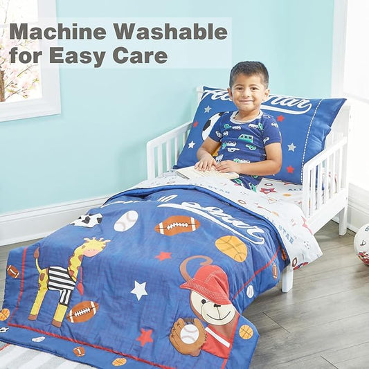 EVERYDAY KIDS 4 Piece Toddler Bedding Set - Jungle Sports - Soft 100% Cotton Percale - Includes Comforter, Flat Sheet, Fitted Sheet and Reversible Pillowcase