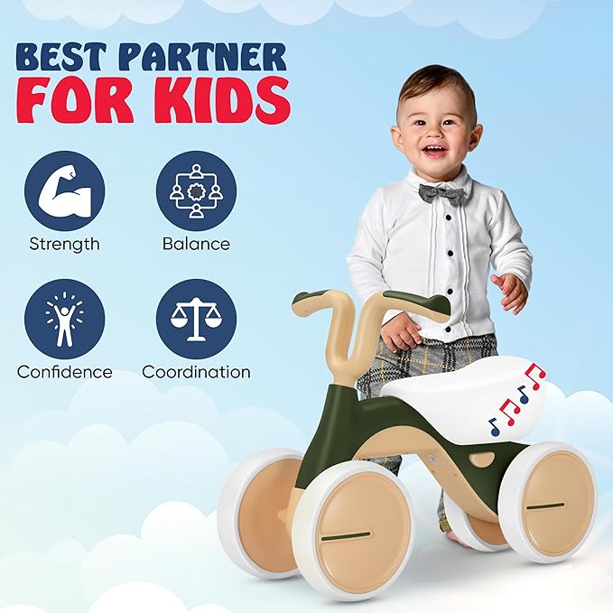 Henry & Colin Baby Balance Bike for Kids - No Pedal 4-Wheel First Bike, Toddler Walker for Boys & Girls, with Stylish Handle, Sturdy & Safe Design for 1-3 Year Olds