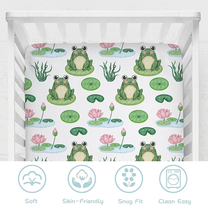 Funny Frogs Flower Leaves Pond Baby Crib Sheets 52''x28'' Water Lilies Lake Stretchy Fitted Crib Mattress Covers for Boy Girl Animal Soft Nursery Bed Sheets for Standard Crib and Toddler Mattresses