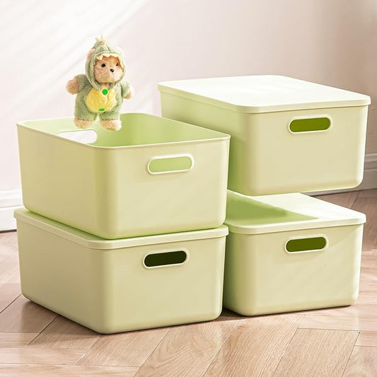 Gaoaodeyu 4 pack large plastic White storage bins Baskets, Toy Box Chest with Lids and Handle，Organizer Containers for Baby，Kids,snacks,Nursery，Shelves，Playroom, Bedroom，Office,Closet，home