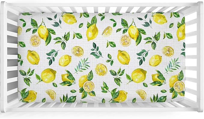 Watercolor Fresh Lemons Baby Crib Sheet 52''x28'' Summer Lemon Green Leaves Stretchy Fitted Crib Mattress Cover for Boy Girl Tropical Fruit Soft Nursery Bed Sheet for Standard Crib Toddler Mattress