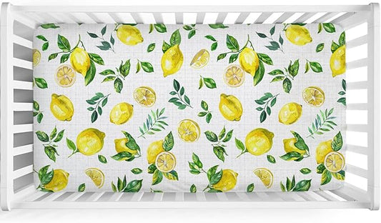 Watercolor Fresh Lemons Baby Crib Sheet 52''x28'' Summer Lemon Green Leaves Stretchy Fitted Crib Mattress Cover for Boy Girl Tropical Fruit Soft Nursery Bed Sheet for Standard Crib Toddler Mattress