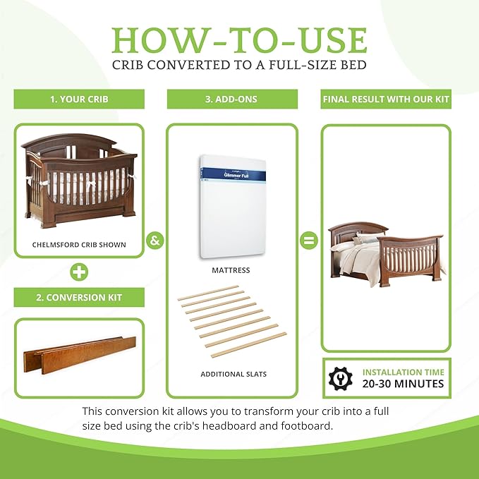 Full-Size Conversion Kit Bed Rails for Baby Appleseed and Eco-Chic Convertible Cribs - Solid Wood Rail - Toddler and Adult Bed Rail for Full-Size Beds - Nursery and Baby Furniture (Coco, Option 1)