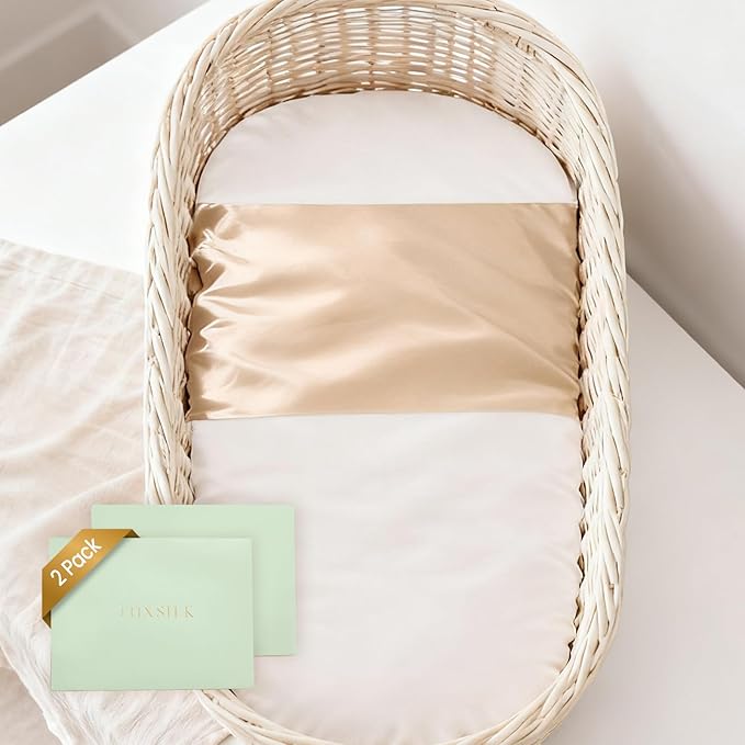 THXSILK 100% 7A+ Grade Mulberry Silk Mini Bassinet Toddler Baby Sleeve Slip for Hair and Skin Health, Oeko-TEX Certified Safety Comfortable 22inch*20.5inch, Champagne 2 Pack
