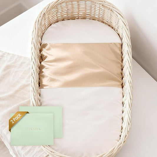 THXSILK 100% 7A+ Grade Mulberry Silk Mini Bassinet Toddler Baby Sleeve Slip for Hair and Skin Health, Oeko-TEX Certified Safety Comfortable 22inch*20.5inch, Champagne 2 Pack