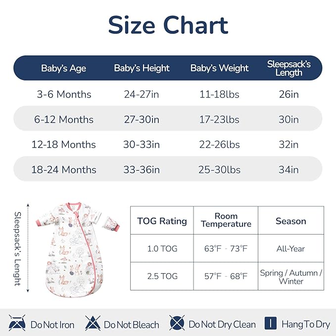 Baby Sleep Sack 6–12 Months, Cotton Sleep Sack with Detachable Long Sleeves, 1.0 TOG Wearable Blanket for Cooler Nights, 2-Way Zipper Toddler Sleeping Sack with Temperature Strip, Bunny