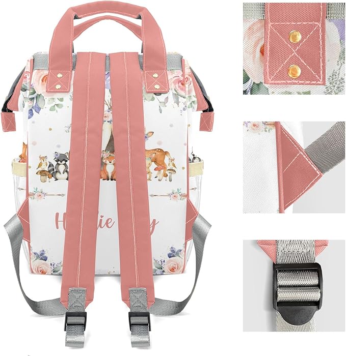 Personalized Woodland Animals Pink Purple Floral Custom with Name Diaper Bag Backpack For Baby Boy Girl Dad Mom Unisex for Adult Daypack Holiday Gift