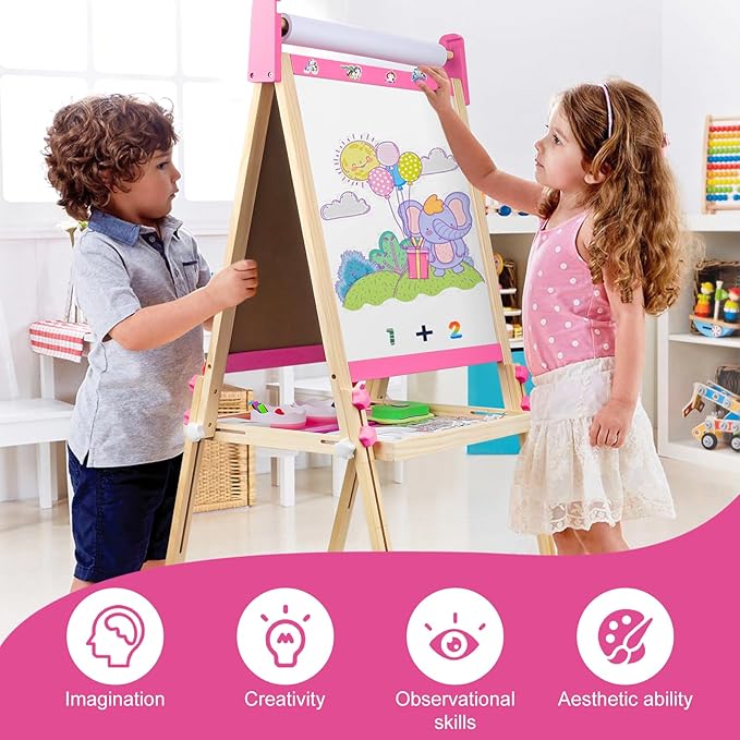 Easel for Kids Toys,Adjustable Wooden Toddler Art Easels, Girls Toys for Ages 5-7,8-13,Magnetic Dry Eraser White Board and Chalk Board with Art Supplies,Kid Easel 4 5 6 7 8 9 10 Year Old Girl Gifts