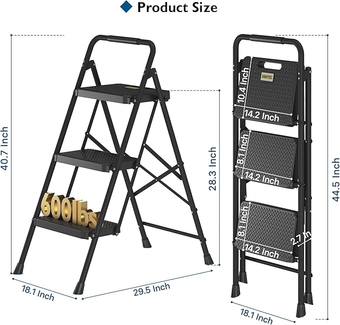 BONTEC 3-Step Ladder, Folding Step Stool, 600lbs Max Load Capacity, Sturdy Steel, Non-Slip Pedals, Lightweight, Portable Steel Ladder with Convenient Handrail, Safety Design for Home & Work, Black