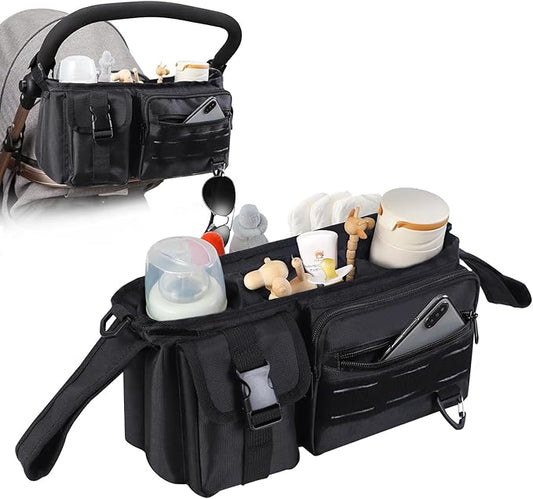 Stroller Organizer with Insulated Cup Holder,Universal Toddler Stroller Organizer Bag Caddy,Zippered Pockets for Phone,Adjustable Straps,Stroller Accessories,for Men,Women,(Balck)