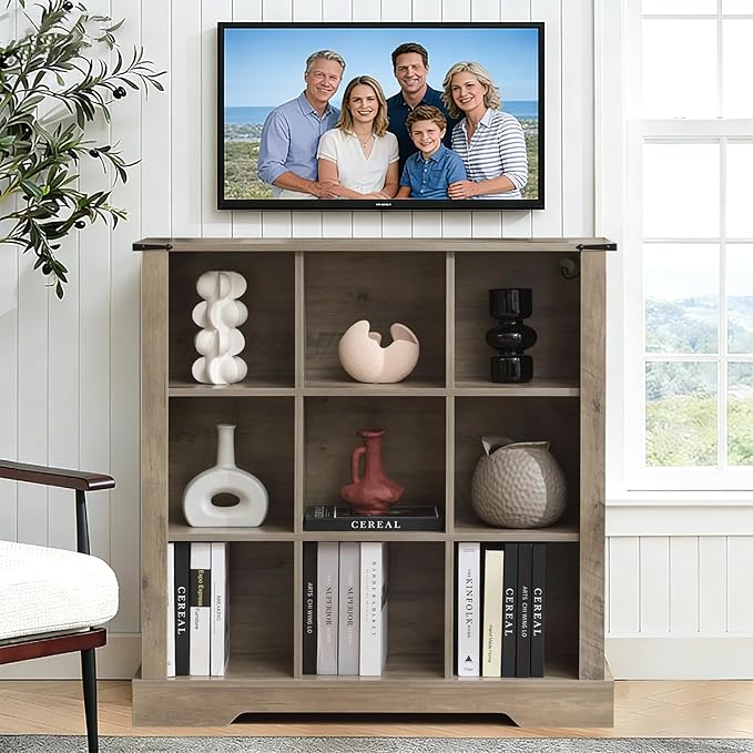 Puntogen 9 Cube Storage Organizer, Wood Cube Bookshelf with LED Lights, Horizontal Storage Cubes, Kids Bookshelf, Display Cabinet Cubby Shelf for Living Room Home Office Bedroom，Grey
