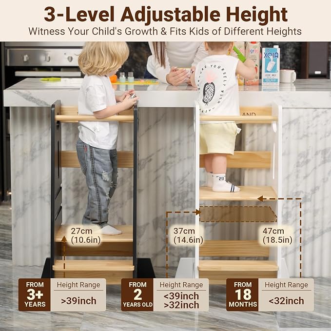 COSYLAND 3 Levels Adjustable Toddler Standing Tower - 33.5IN/85CM Stable Kids Kitchen Step Stool with Protective Crossbar - Wooden Toddler Kitchen Stool Helper(White & Natural)