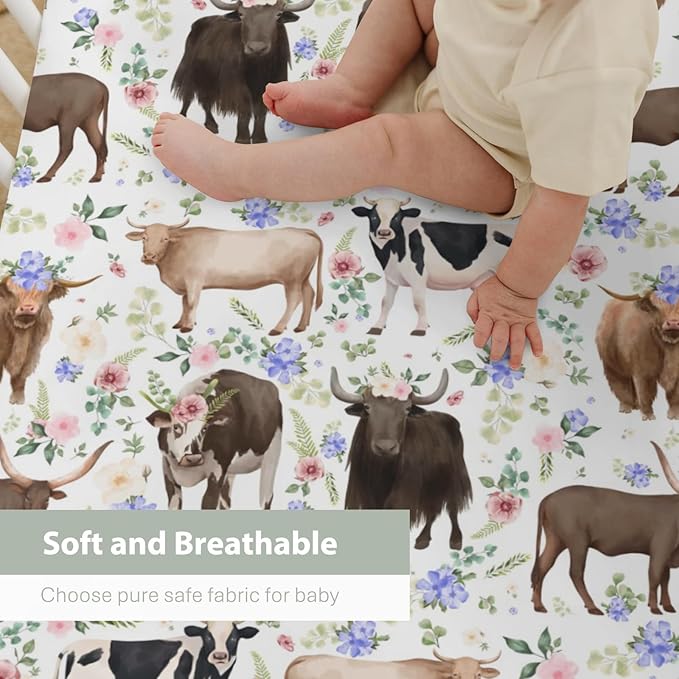 Highland Cows Boho Flowers Baby Crib Sheets for Boy Girl 52x28Inch Cows Breeds Farm Soft Snug Fitted Crib Mattress Cover Country Farmhouse Animal Baby Sheet for Crib and Toddler Bed Mattresses