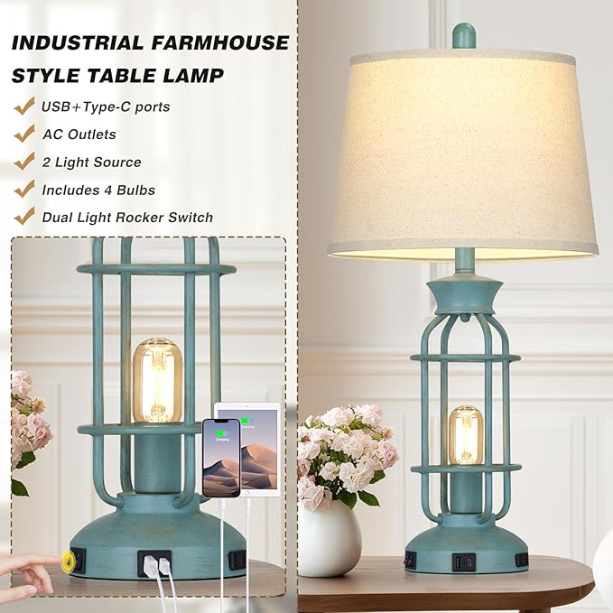 Farmhouse Table lamps for Living Room, 28" Tall Vintage Industrial Table Lamp with USB C+A Ports & Outlet, Rustic Bedside Lamps with 2 Nightlight & Linen Fabric Shade for Nightstand Bedrooms Desk Blue