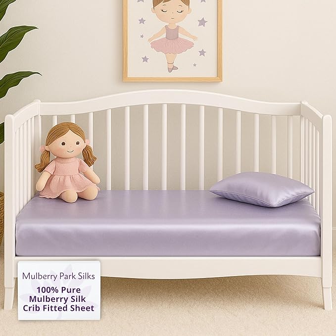 Mulberry Park Fitted Silk Crib Sheet - Grade 6A Pure 19 Momme Toddler Bedding - Gentle on Baby's Delicate Skin, Helps with Bald Spot, Eczema, Dry Skin & Cradle Cap - 28" x 52" / Peaceful Purple