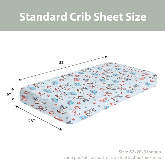 July 4th Western Cowboys Baby Crib Sheets for Boy 52"x28" Cowboy Boots Hat American Flag Stars Bows Soft Snug Fitted Crib Mattress Cover Patriotic Baby Sheet for Standard Crib & Toddler Bed Mattress