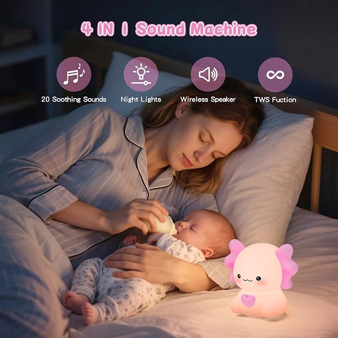 ICARER FAMILY Axolotl Night Light with Sound Machine, Pink Silicone Touch Lamp, Wireless Speaker, Remote Control, Soft Touch, Baby Room Lamp