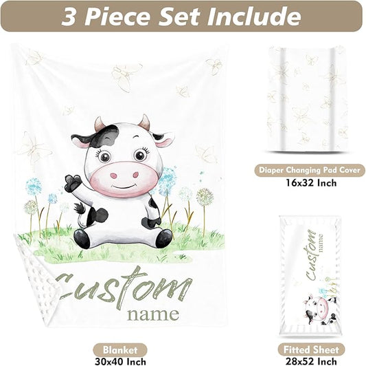 Custom Name Crib Bedding Set 3-Piece – Cows Design Baby Bedding Set with Personalized Soft Blanket, Fitted Sheet, Changing Pad Cover – Ideal Newborn Gift for Boys and Girls