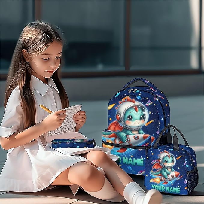 Backpack for Kids - Personalized Dragon Backpacks with Lunch Box - Custom Toddler Bookbag for Girls Boys - Planet School Bag Set for Kindergarten/Preschool/Elementary(17 Inch)