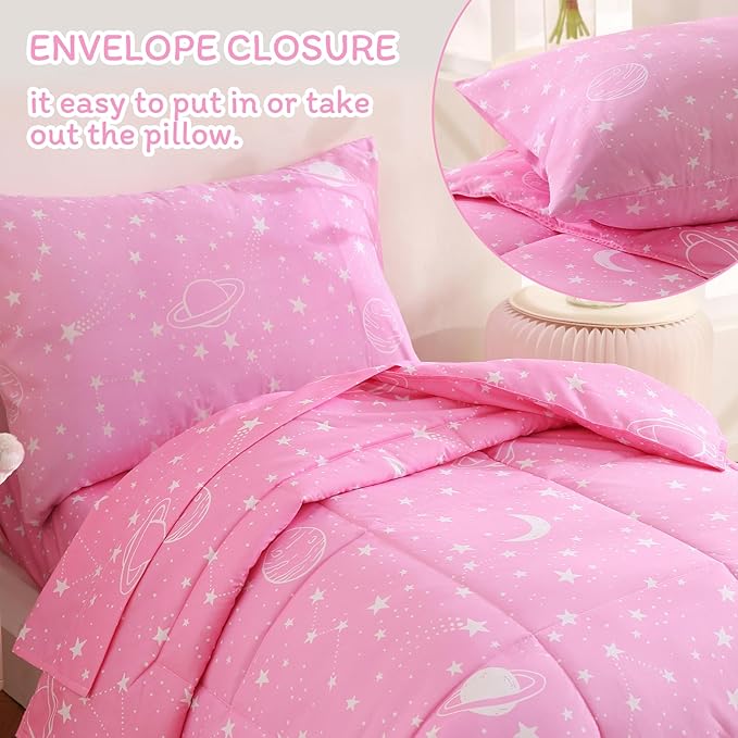 JSD Pink Moon Stars Toddler Bedding Set, 4 Piece Space Theme Bed-in-Bag Toddler Comforter Sheet Set, Machine Washable