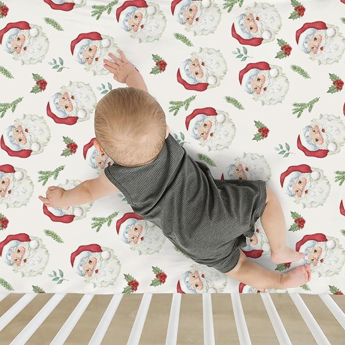 Christmas Santa Claus Baby Crib Sheets for Boy Girl 52"x28" Retro Santa Cherry Fir Leaves Soft Snug Fitted Crib Mattress Cover Winter Holiday Nursery Baby Sheet for Crib & Toddler Bed Mattresses