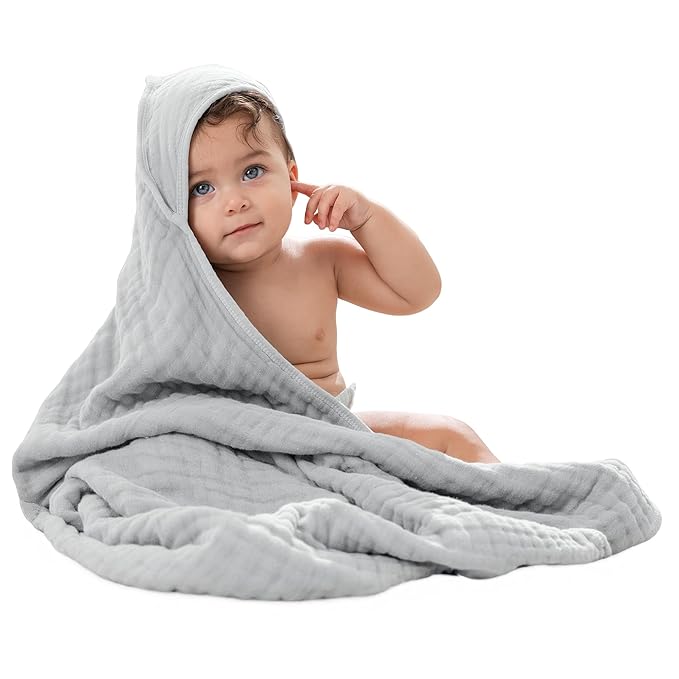 Comfy Cubs Hooded Baby Towel 1-Pack, Large 32 x 32 Inch - 6 Layer 100% Muslin Cotton for Babies, Toddlers and Kids - Soft & Absorbent Baby Bath Towels - Unisex Design for Bath Time - Heather Blue