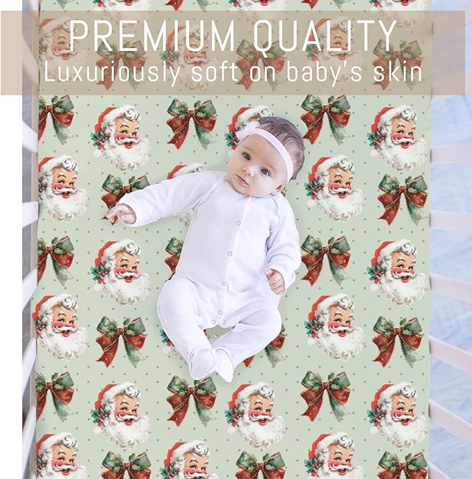 Vintage Merry Christmas Santa Bows Baby Crib Sheets for Boy Girl Retro Happy Santa Jolly Soft Snug Fitted Crib Mattress Covers Fit 52''x28'' Standard Crib & Toddler Mattress Winter Holiday Bed Sheets