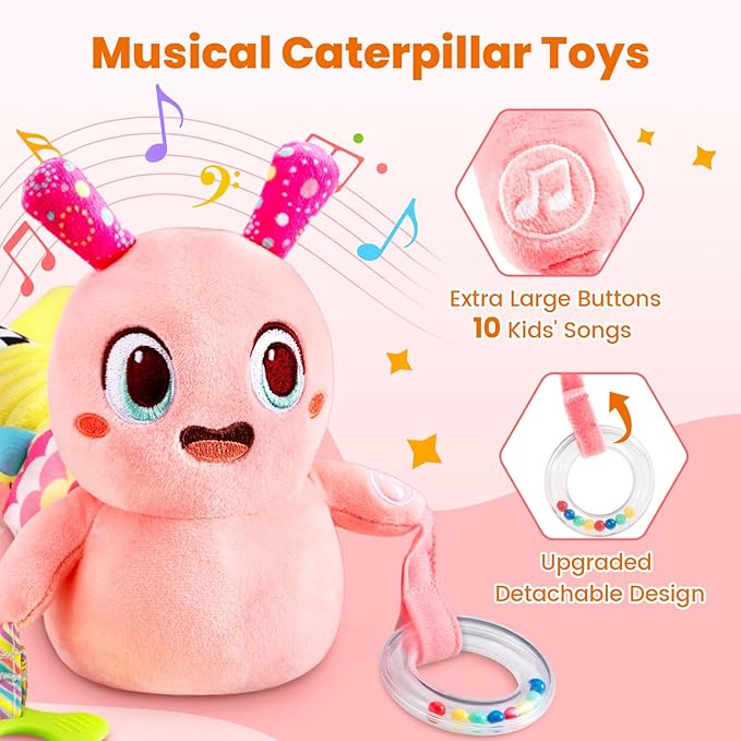 Baby Toys 0-6 Months, Washable Baby Musical Caterpillar Toys with 10 Kid's Songs,Rattles,BabyTeething Toys,Suitable for 0-6, 6-12 Months Infant Tummy Time Toy,Newborn Baby Boy&Gril Gifts(Pink)