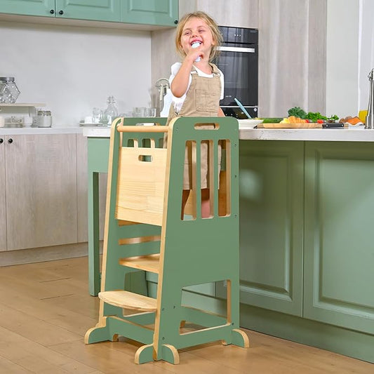 WINGYZ Toddler Tower – Adjustable Step Stool Helper for Kids 18M–6Y, Kitchen Learning Stool with Safety Rail, 3-Height Adjustable, Sliding Door, Full Support Foot, Wooden Updated Design, Green