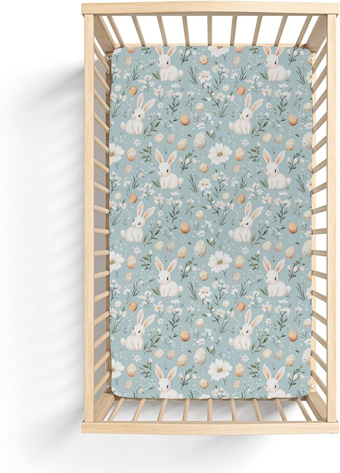 Blue Spring Bunnies Daisy Floral Baby Crib Sheets for Boy Girl 52x28 Cute Rabbits Eggs Flowers Soft Snug Fitted Crib Mattress Covers Spring Garden Baby Sheet for Standard Crib & Toddler Bed Mattress