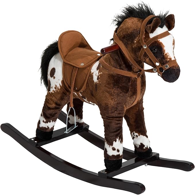 Qaba Kids Wooden Plush Ride-On Rocking Horse Chair Toy with Realistic Sounds Dark Brown/White