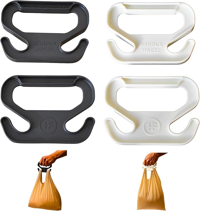 Handle Magic (4 Units) Bag Carriers | Ergonomic Grip and Bag Holder | Pocket Size | Lightweight & Comfortable for Shopping & Travel - Made in USA (White Black)