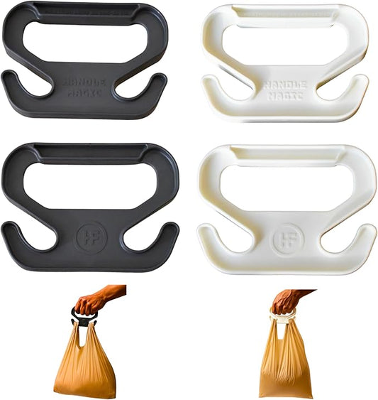 Handle Magic (4 Units) Bag Carriers | Ergonomic Grip and Bag Holder | Pocket Size | Lightweight & Comfortable for Shopping & Travel - Made in USA (White Black)