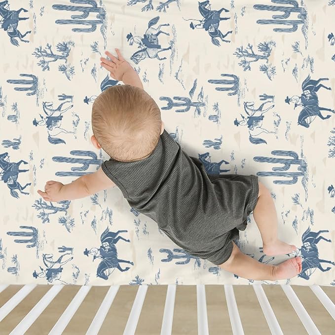 Vintage Western Cowboy Baby Crib Sheets, Standard Size (28x52 inches), Polyester, Brown, Beige, Tan, Cartoon Pattern, 9 Inch Deep Pocket, 300 Thread Count, Machine Washable