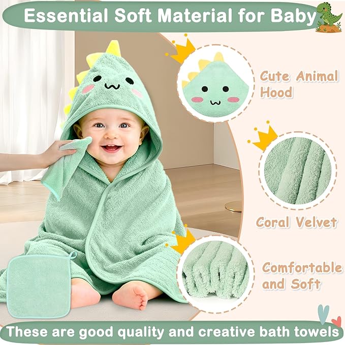 5 Pcs Baby Towel Set, 32x32 in Hooded Bath Towel, 3 Pcs Baby Washcloths and Cotton Baby Bibs for Newborns, Toddlers and Kids, Soft Baby Towels and Washcloths Set for Boys and Girls (Green Dinosaur)