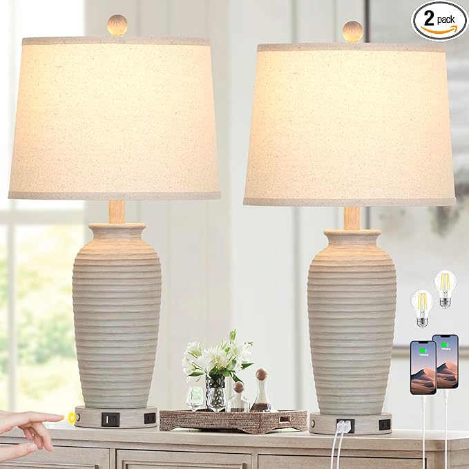 CINSARY 25" Farmhouse Jar Table Lamps Set of 2, 3 Way Touch Control Rustic Bedside Lamps with USB A+C Ports & AC Outlet, Pot Nightstand Lamps for Bedroom Living Room (LED Bulbs Included)