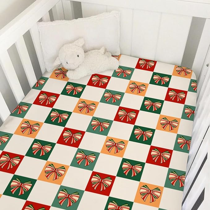 Checkerboard Christmas Bows Red Green Baby Crib Sheets for Boy Girl Vintage Bows Checkered Soft Snug Fitted Crib Mattress Covers for 52''x28'' Standard Crib & Toddler Mattress Ribbon Baby Bed Sheets