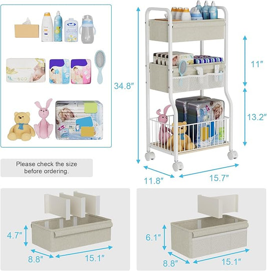 NEYCIL 3-tier Baby Diaper Caddy Organizer and Storage Cart with 4+3 Dividers, Metal Utility Cart with Lockable Wheels for Nursery, Bedroom, Bathroom, White