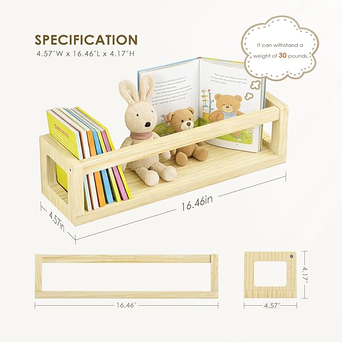 Picrit Set of 4 Natural Solid Wood Nursery Floating Shelves - Decorative Wall-Mounted Kids Bookshelf for Toy Storage & Book Display in Playroom or Kids Room, Durable Organizer