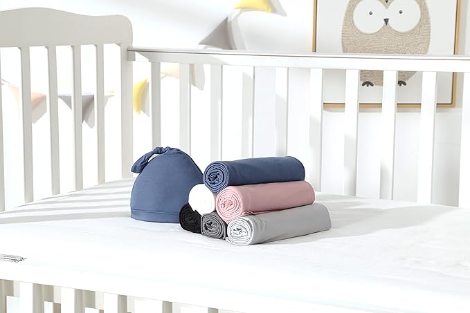 iEvolve Cotton Knitted Baby Swaddle Blanket with Hat Headband Set Newborn Swaddle Wrap Receiving Blankets for Baby Girl Boy 45" x 45"(Pink)