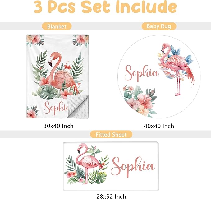 Personalized Baby Crib Bedding Set - 3 Pcs Custom Nursery Bedding Set with Name - Soft Double Layer Baby Crib Set for Girls Boys - Customized for Infant Toddler - Pink Flamingo