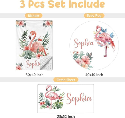 Personalized Baby Crib Bedding Set - 3 Pcs Custom Nursery Bedding Set with Name - Soft Double Layer Baby Crib Set for Girls Boys - Customized for Infant Toddler - Pink Flamingo