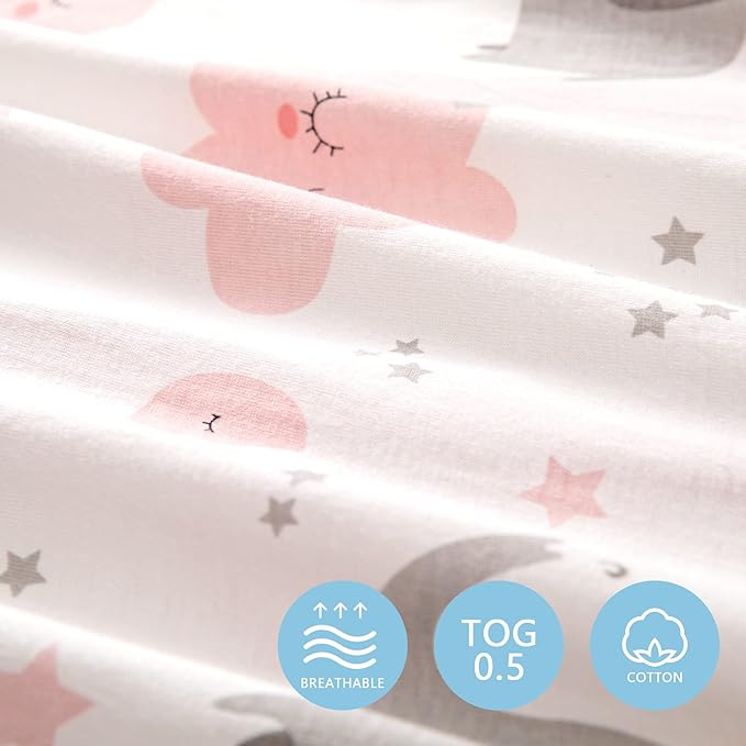 TILLYOU 2 Pack Baby Sleep Sack 6-12 Months 100% Cotton Wearable Blanket 0.5 TOG Sleeveless Summer Sleep Sacks with 2-Way Zipper, Pink Elephant & Cloud
