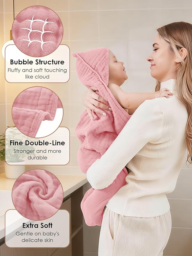 Muslin Hooded Baby Bath Towels - 3 Pack 100% Cotton Ultra-Soft Towels for Newborns, Infants, Toddlers - 32x32 Inch - Highly Absorbent, Quick-Dry Essentials for Bath Time, Beach, Pool, Sakura Series