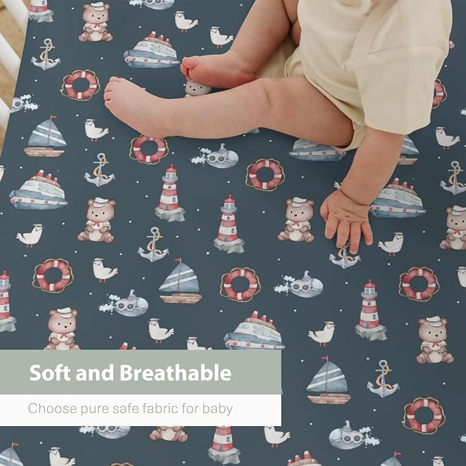 Sailor Bear Watercolor Baby Crib Sheets for Boy Girl 52x28Inch Bear Lighthouse Anchors Boats Soft Snug Fitted Crib Mattress Cover Coastal Nautical Life Baby Sheet for Standard Crib & Toddler Mattress