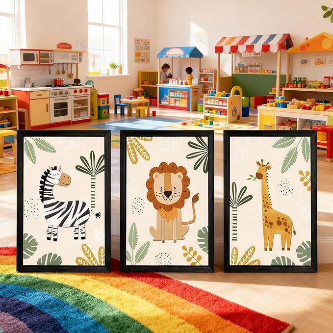 Cute Zebra Lion Giraffe Quote Framed Wall Art Set of 3, 11x16 Boho Educational Animal Wall Sign for Baby Girl Kid Boy Toddlers, Wooden Inspirational Nursery Wall Decor Black