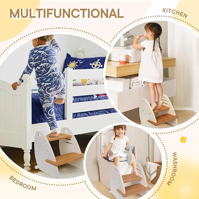 TIKSPCAE Wooden 2 Step Stool for Kids,Toddler Adjustable Triple Height Step Stool,Bamboo Bird-Shaped Design,300lbs Capacity,Ideal for Bathroom,Kitchen,Bedroom