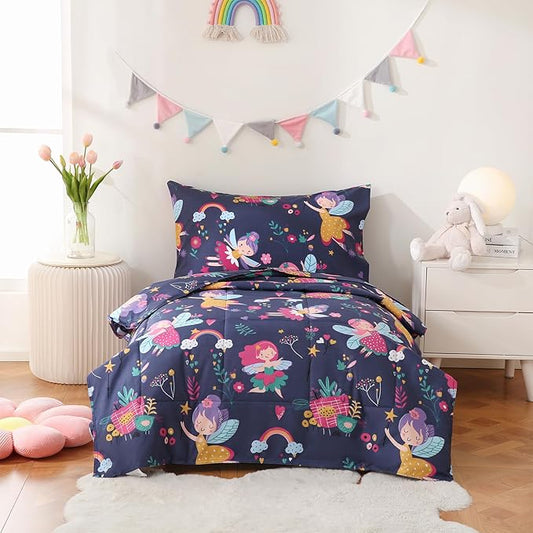 JSD Fairy Toddler Bedding Set, 4 Piece Bed-in-Bag Toddler Comforter and Sheet Set, Machine Washabale Comfortable