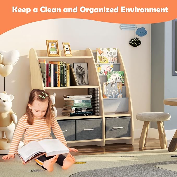 HedoAjim Kids Bookshelf Wood Toy Storage Organizer Cabinet Children Bookcase Toddler Baby Sling Book Rack 3 Cube Bins Sail Boat Arc Shape for Playroom Bedroom Nursery Classroom